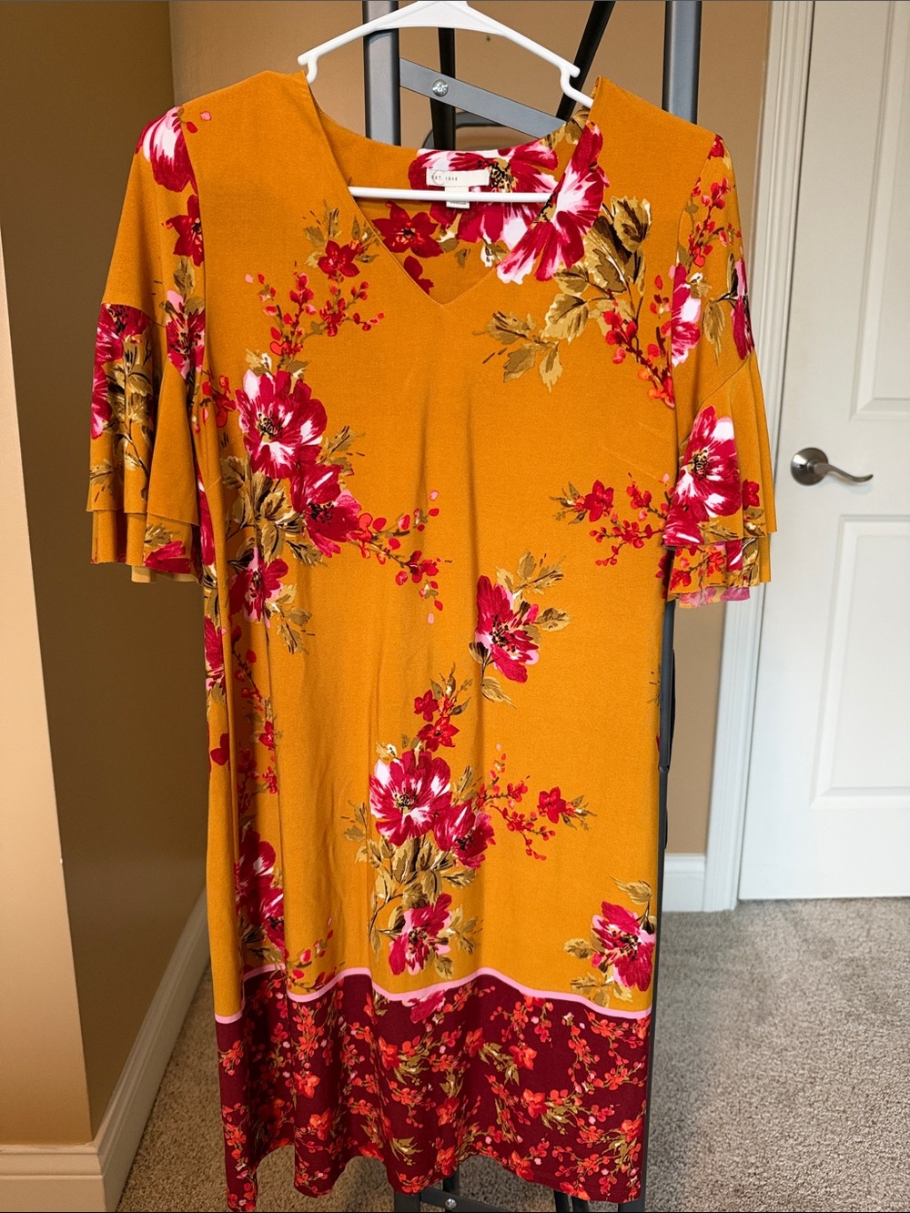 Mustard Floral V-Neck Women's Dress with Ruffle Sleeves